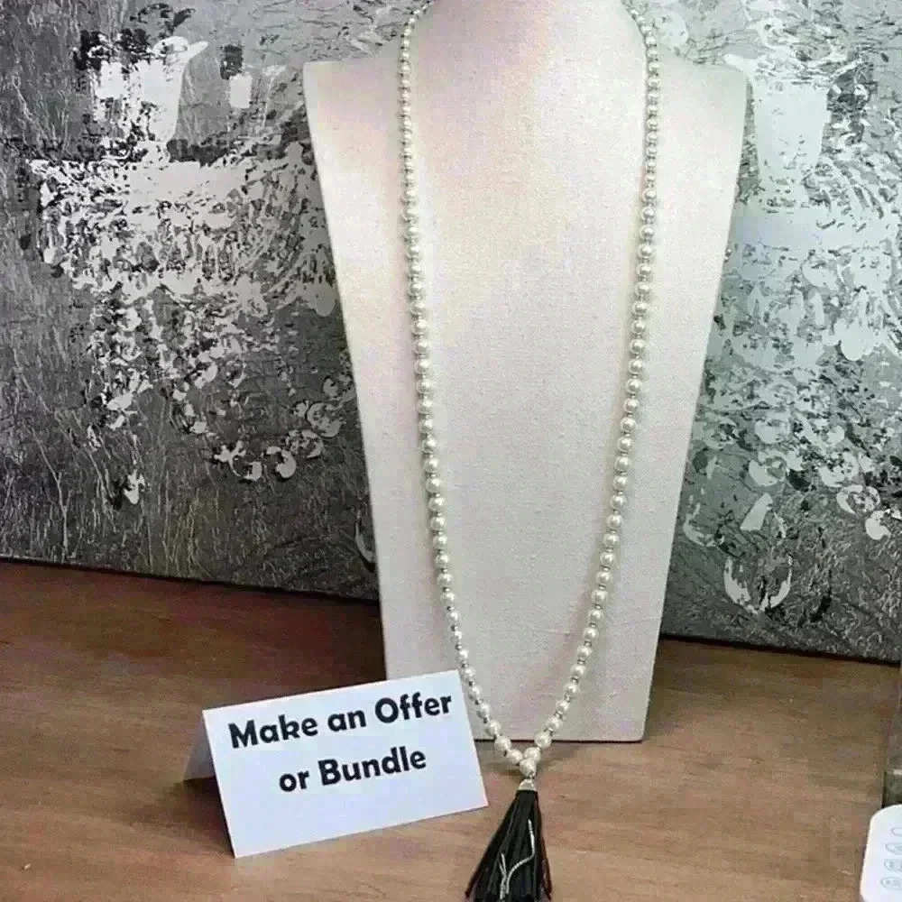 White House Black Market Faux Glass Pearl Necklace with Silver Details & tassel